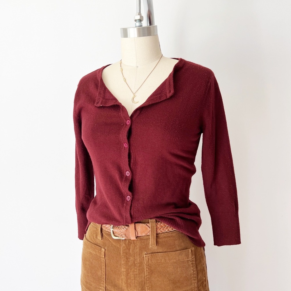 Modcloth Charter School Cardigan Burgundy Wine Red 3/4 Sleeve Knit Librarian M